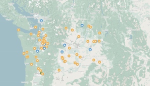 Map of the Washington showing pindropped locations