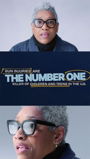 Collage of Freedom Jones looking at the camera with the words "gun injuries are the number one killer of children and teens in the U.S."