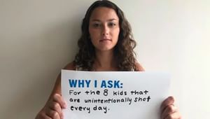 Girl holding a sign that reads "why I ask: for the 8 kids that are unintentionally shot every day."