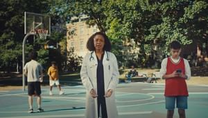 Doctor speaking toward camera with young boys on basketball court