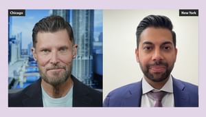 AMA Chief Experience Officer Unger and Chethan Sathya, MD, smiling at the camera with virtual backgrounds behind them