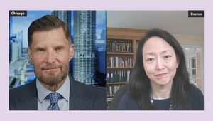 AMA Chief Experience Officer Unger and Lois Lee, MD, MPH, smiling at the camera with virtual backgrounds behind them